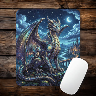 Alfombrilla De Ratón Dragones celestiales iluminados por la luna y cast