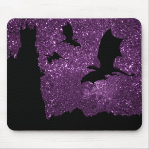 Alfombrilla De Ratón Dragones volando, Fantasía cielo morado castillo