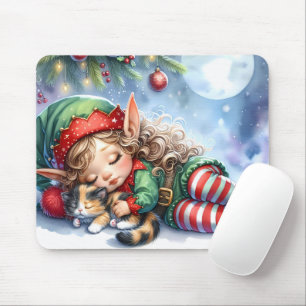 Alfombrilla De Ratón Duende de Navidad durmiendo con gatito calico