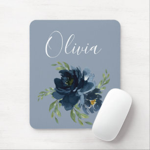 Alfombrilla De Ratón Dusty Blue Elegant Nombre Floral acuarela moderna