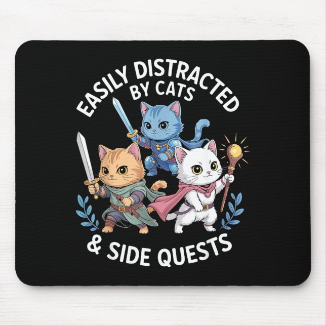 Alfombrilla De Ratón Easily Distracted By Cats &amp; Side Quests Funny  (Frente)