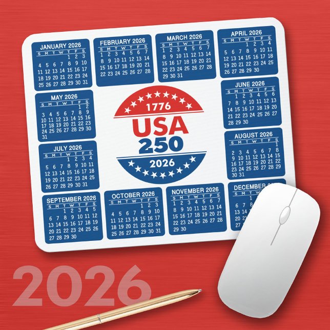Alfombrilla De Ratón EE. UU. 250 con calendario 2026 - Rojo Blanco Azul (2026 Calendar on a Mousepad)