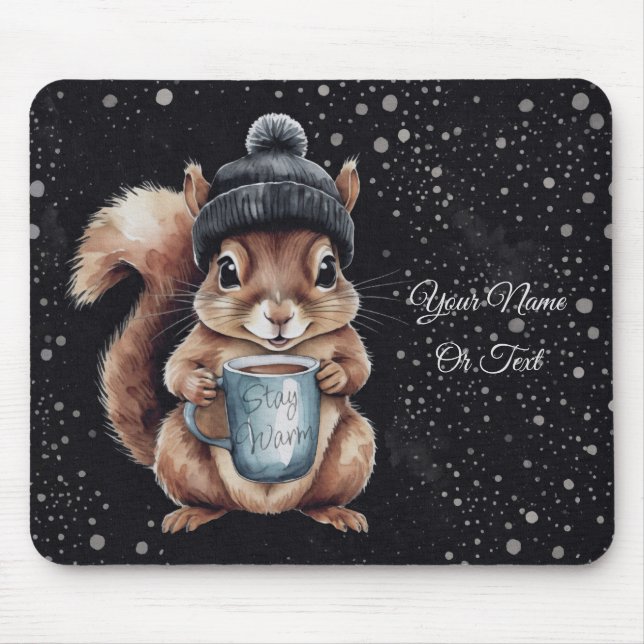 Alfombrilla De Ratón Eichhörnchen mit Tasse und Schnee „Stay Warm“ (Frente)