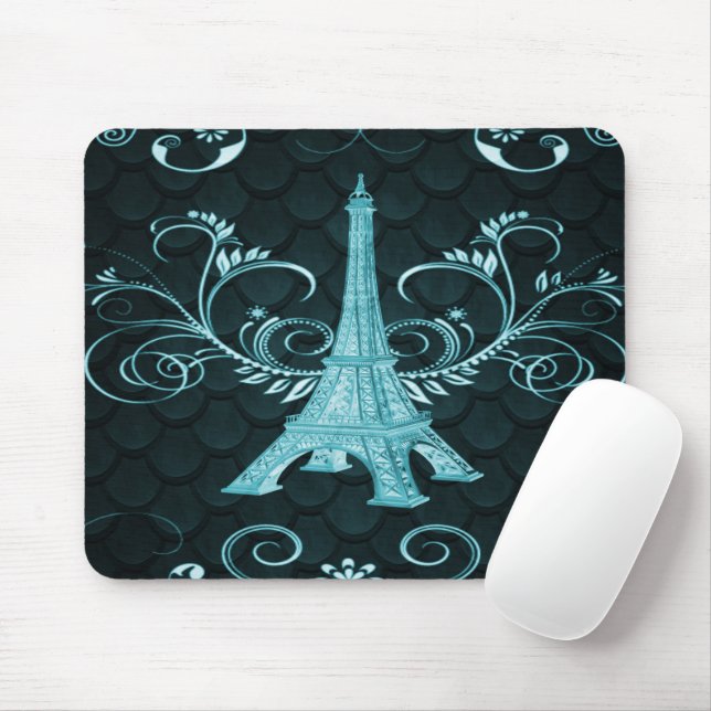 Alfombrilla De Ratón Eiffel Tower Teal Floral Swirl (Con ratón)