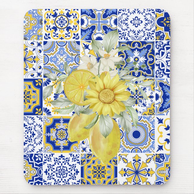 Alfombrilla De Ratón El mosaico florece en azul y amarillo (Frente)