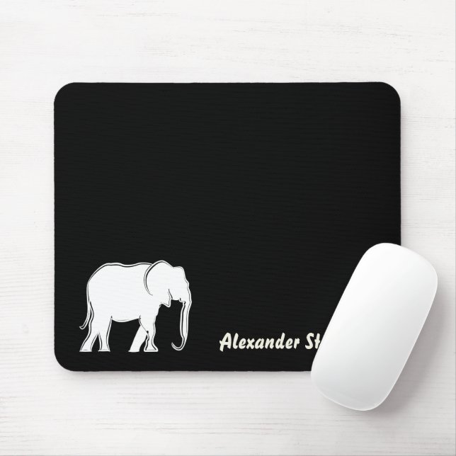 Alfombrilla De Ratón Elefante blanco Mínimo Negro Monogramado (Con ratón)