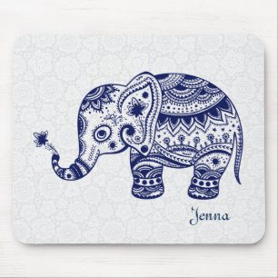 Alfombrilla De Ratón Elefante Floral Cuta En Azul Naval