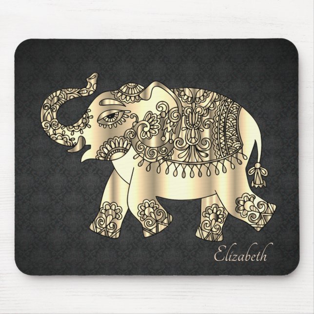 Alfombrilla De Ratón Elefante floral Gold Paisley, Damask - personaliza (Frente)
