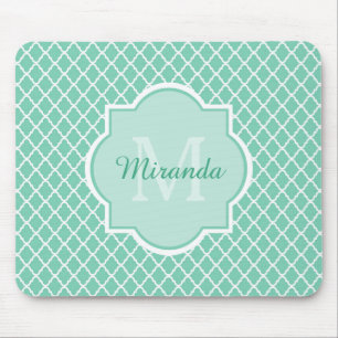 Alfombrilla De Ratón Elegant Mint Green Quatrefoil Monogram With Name