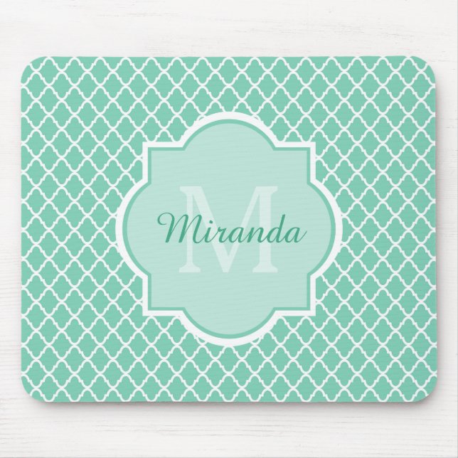 Alfombrilla De Ratón Elegant Mint Green Quatrefoil Monogram With Name (Frente)