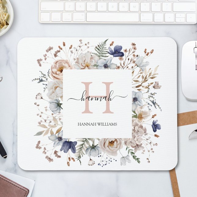 Alfombrilla De Ratón Elegant Monogram Pretty Beige Blue Flowers Floral (In situ)