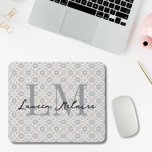 Alfombrilla De Ratón Elegant Spanish Tile Monogram Script Name  (mousepad with elegant spanish tile design and custom monogram and script name personalization)