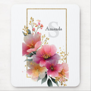 Alfombrilla De Ratón Elegante acuarela de borde floral rosa con dorado