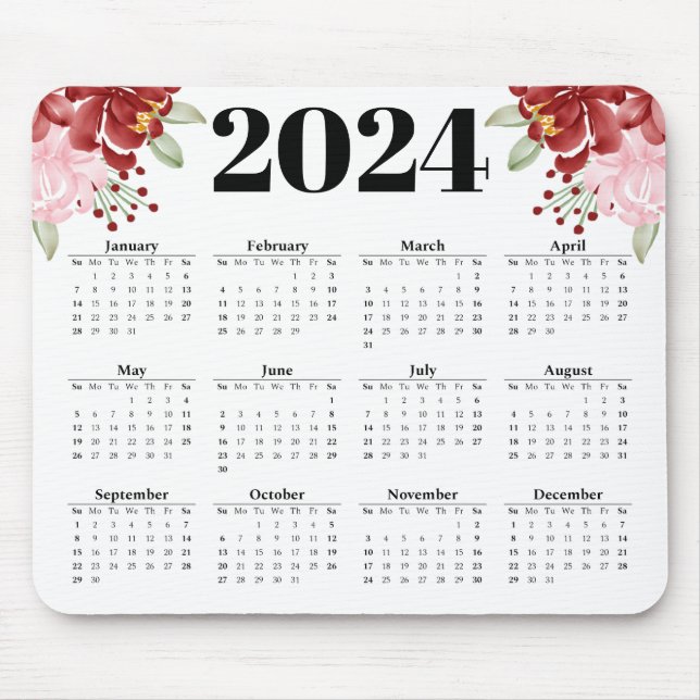 Alfombrilla De Ratón Elegante acuarela floral blanco calendario 2024 (Frente)