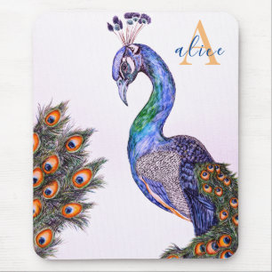 Alfombrilla De Ratón Elegante acuarela Peacock Monograma Rosa