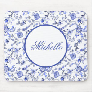 Alfombrilla De Ratón Elegante azul vintage floral nombre blanco