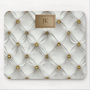 Alfombrilla De Ratón Elegante Blanco Moderno Cuero Puntillado Dorado