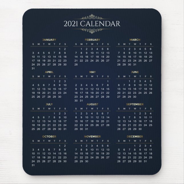 Alfombrilla De Ratón Elegante Calendario Dorado y Azul 2021 | Mousepad (Frente)