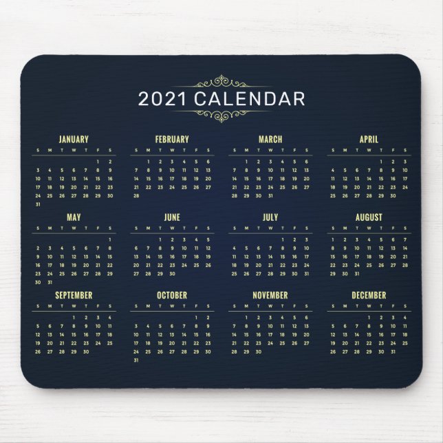 Alfombrilla De Ratón Elegante Calendario Dorado y Azul 2021 | Mousepad (Frente)