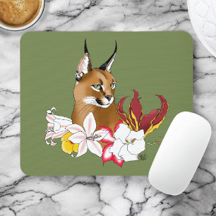 Alfombrilla De Ratón Elegante Caracal Gato Salvaje Lirios Floral Verde