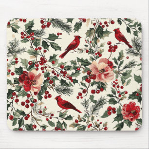 Alfombrilla De Ratón Elegante Cardenal Rojo Invierno Botánico Crema