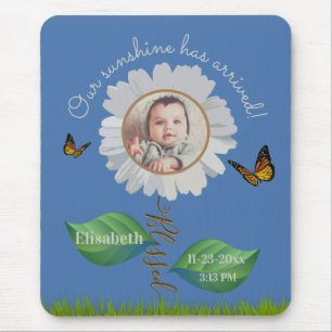 Alfombrilla De Ratón Elegante Daisy Blue Floral Cute Baby Photo & Name