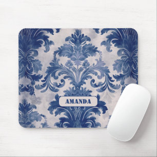 Alfombrilla De Ratón Elegante damasco Blue toile de jouy monograma