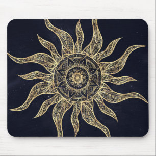 Alfombrilla De Ratón Elegante Dorado Sun Mandala Blue Nebula Diseño