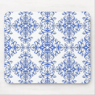 Alfombrilla De Ratón Elegante estilo damask floral de cobalto azul y bl