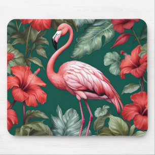 Alfombrilla De Ratón Elegante Flamingo Hibiscus Flowers Emerald Green
