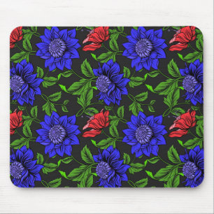 Alfombrilla De Ratón Elegante Flor Azul y Roja Fondo Negro