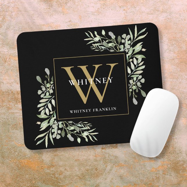 Alfombrilla De Ratón Elegante floral de oro y monograma negro (Elegant Gold and Black Monogram Greenery Floral Mouse Pad)