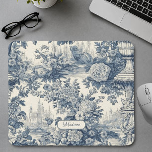 Alfombrilla De Ratón Elegante floral vintage azul monograma toile de jo