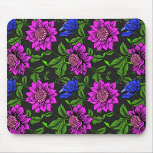 Alfombrilla De Ratón Elegante Fondo Negro Rosa Y Flor Azul