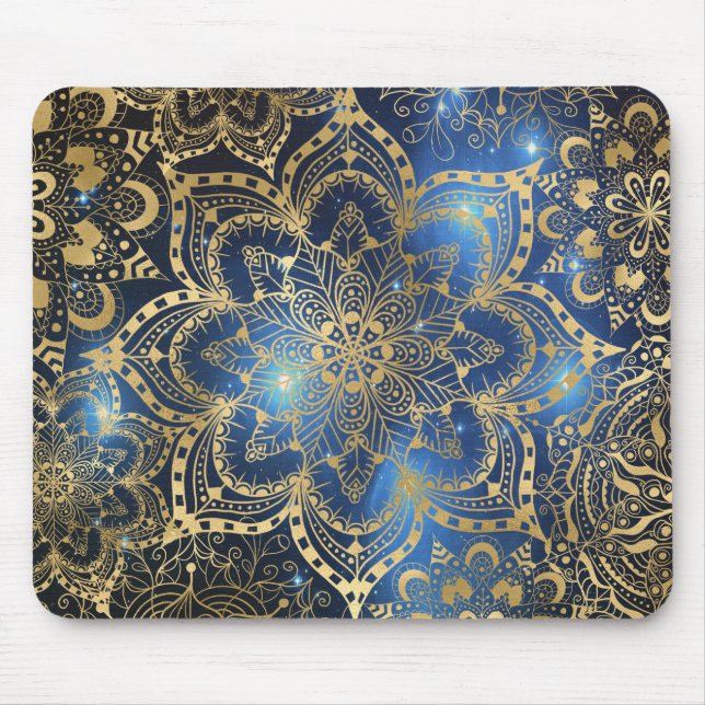 Alfombrilla De Ratón Elegante Galaxia Azul Mandala dorada floral (Frente)