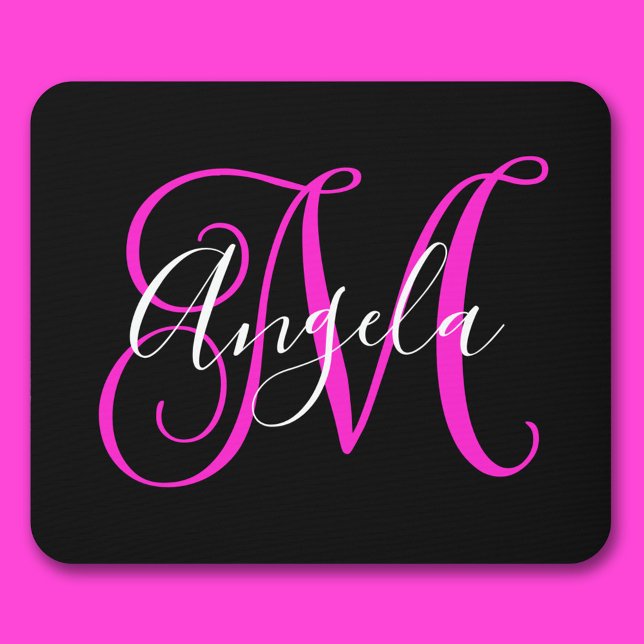 Alfombrilla De Ratón Elegante guión negro blanco magenta monograma (Elegant Script Black White Hot Magenta Monogram Mouse Pad)
