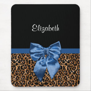 Alfombrilla De Ratón Elegante Leopard Print Elegant Blue Bow and Name