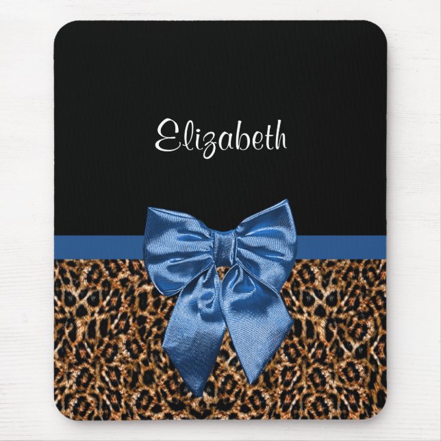 Alfombrilla De Ratón Elegante Leopard Print Elegant Blue Bow and Name (Frente)