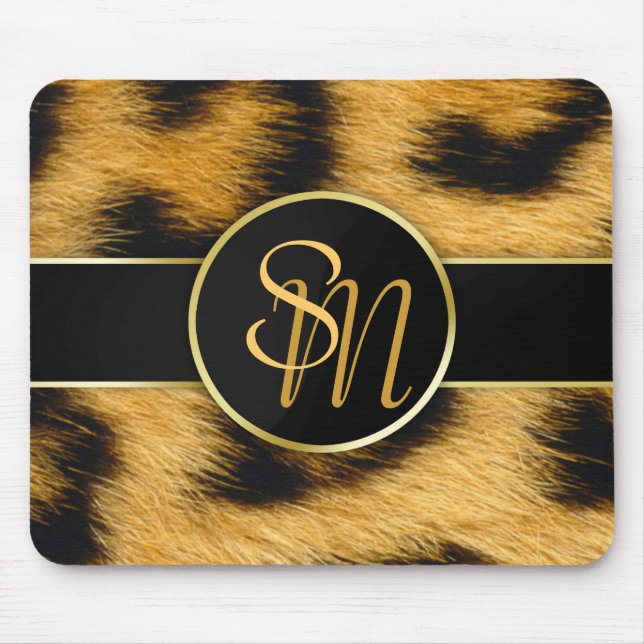 Alfombrilla De Ratón Elegante Leopard Print Monograma Script - Mousepad (Frente)