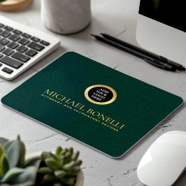 Alfombrilla De Ratón Elegante Logotipo de ROUND de oro de cuero verde o