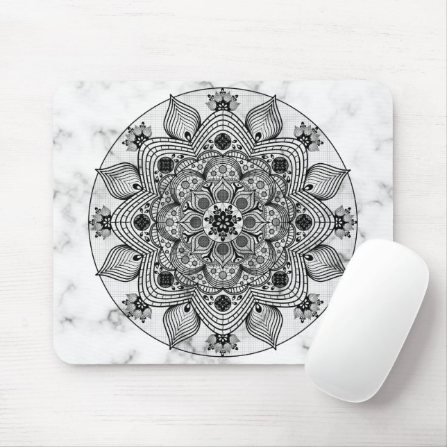 Alfombrilla De Ratón Elegante Mandala floral en blanco y negro (Con ratón)