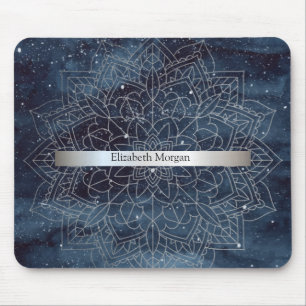 Alfombrilla De Ratón Elegante mandala moderno de plata con franja azul