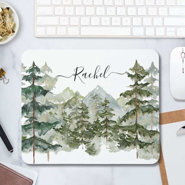Alfombrilla De Ratón Elegante Monograma Acuarela Montaña Pino Bosque (In situ)