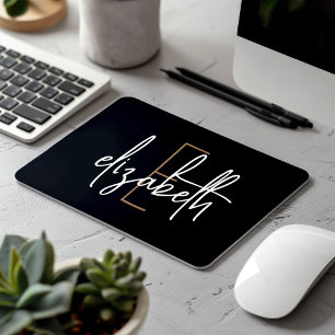 Alfombrilla De Ratón Elegante Monograma Black Gold Script