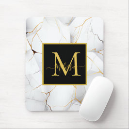 Alfombrilla De Ratón Elegante Monograma blanco y dorado enmarcado