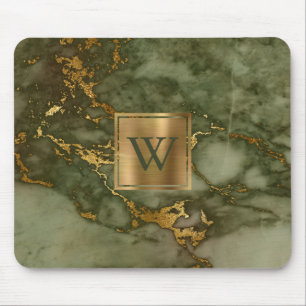 Alfombrilla De Ratón Elegante Monograma de Mármol Verde Oliva Dorado