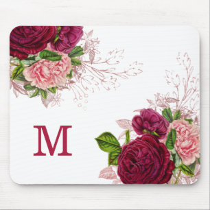 Alfombrilla De Ratón Elegante Monograma Floral Rosa Púrpura Blanco