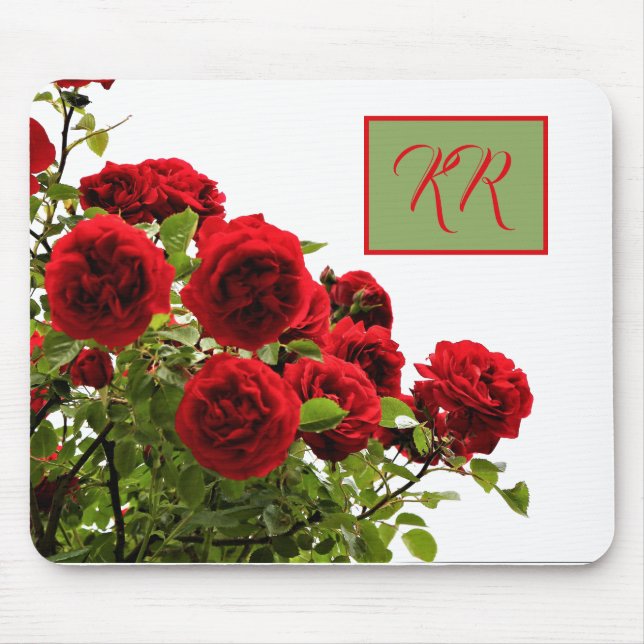 Alfombrilla De Ratón Elegante Monograma Rojo Rosa Bouquet Floral (Frente)