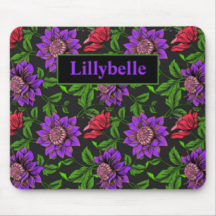 Alfombrilla De Ratón Elegante Mou De Fondo Negro Morado Y Flor Roja