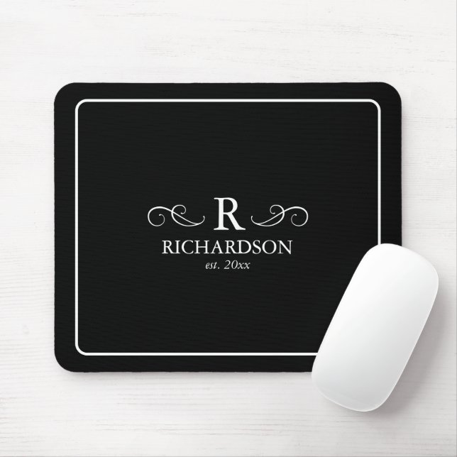 Alfombrilla De Ratón Elegante Mousepad de Monograma Blanco y Negro (Con ratón)
